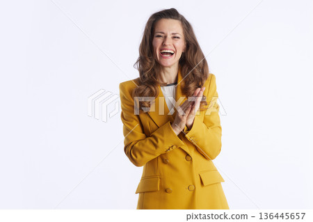 Joyful Businesswoman Enthusiastically Clapping 136445657