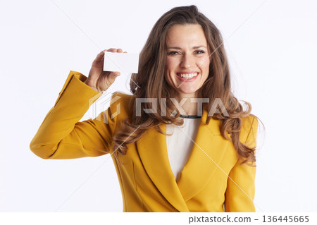 Upbeat Manager Displays Blank Business Card Upbeat Manager Displays Blank Business Card 136445665