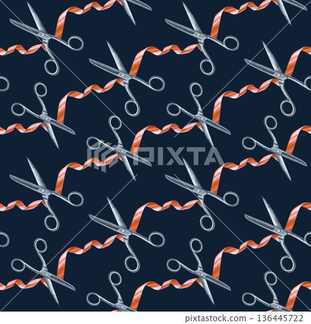 Diagonal seamless pattern with red ribbon and iron scissors. Realistic watercolor illustration of a working tool on a dark blue background. A spectacular background for packaging, wallpaper, textiles. Diagonal seamless pattern with red ribbon and iron scissors. Realistic watercolor illustration of a working tool on a dark blue background. A spectacular background for packaging, wallpaper, textiles. 136445722