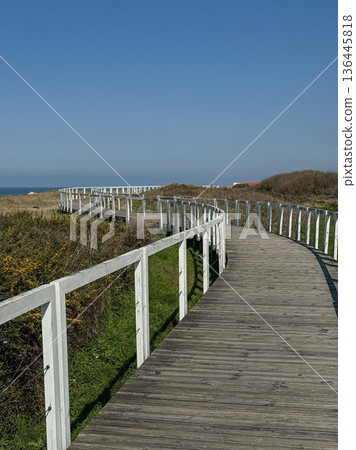 Wooden coastal boardwalk along Camino de Santiago in Portugal with curved pathway leading through dunes toward Atlantic horizon. Travel, outdoor lifestyle, slow travel, destination branding 136445818