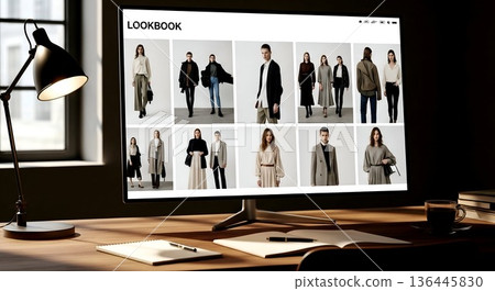 Desktop computer displaying a fashion lookbook with a lamp, note 136445830