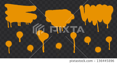 Orange spray paint splatters with drips on transparent checkered background. Orange spray paint splatters with drips on transparent checkered background. 136445896