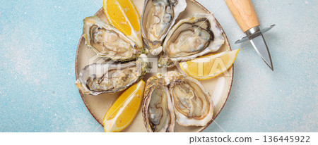 Fresh oysters with lemon wedges and oyster knife on plate top view Fresh oysters with lemon wedges and oyster knife on plate top view 136445922