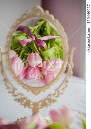 Pink Tulips with Bow Reflected in Vintage Mirror Pink Tulips with Bow Reflected in Vintage Mirror 136446057