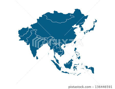 Asia map continent geography countries. Political borders blue silhouette isolated Asia map 136446591