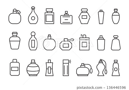 Fragrance perfume bottle line icon set, Outline scent parfum bottle container cosmetic beauty jar Fragrance perfume bottle line icon set, Outline scent parfum bottle container cosmetic beauty jar 136446596