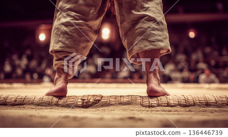 A sumo wrestler's bare feet on the edge of the dohyo before a match, traditional Japanese wrestling 136446739
