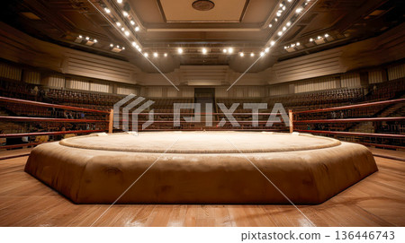 An empty sumo arena with an illuminated dohyo ring, the traditional venue for Japanese wrestling matches 136446743