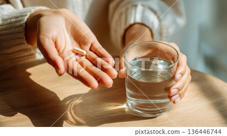 Hands holding vitamin capsule and glass of water on wooden table, daily supplement intake 136446744