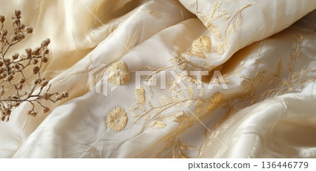 Soft champagne silk fabric with delicate golden embroidery, refined luxury aesthetic 136446779