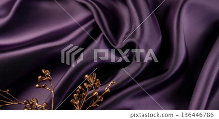 Royal purple satin with delicate golden accents, softly draped fabric, elegant and exclusive luxury atmosphere Royal purple satin with delicate golden accents, softly draped fabric, elegant and exclusive luxury atmosphere 136446786
