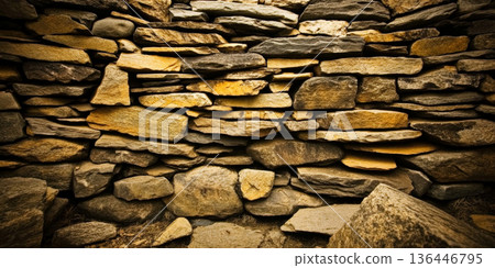 Dry stacked stone wall background with neatly arranged slate in various earthy shades. 136446795