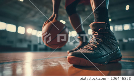 Below angle of basketball player dribbling on indoor court, training, detailed footwork and sports performance 136446838