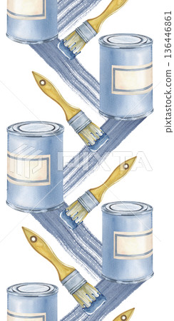 Vertical seamless border with paint cans, brushes and stripes of blue paint on an isolated background. Watercolor illustration with working tools. Realistic drawing for wallpaper, packaging and Vertical seamless border with paint cans, brushes and stripes of blue paint on an isolated background. Watercolor illustration with working tools. Realistic drawing for wallpaper, packaging and 136446861
