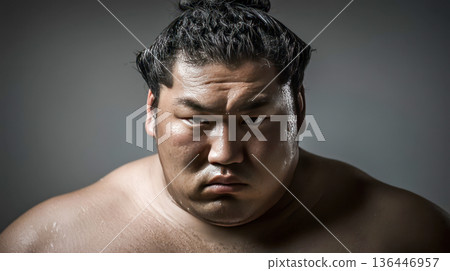 Intense portrait of sumo wrestler with concentrated expression, traditional Japanese sport, strength, discipline 136446957