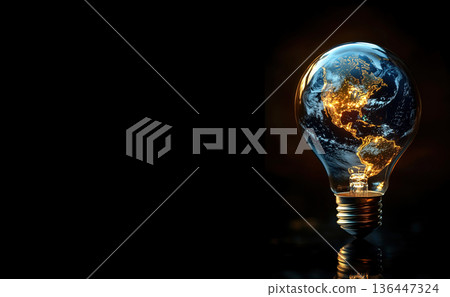 Planet Earth shaped light bulb illuminates dark background showcasing eco friendly design concept. Header banner mockup with copy space. 136447324