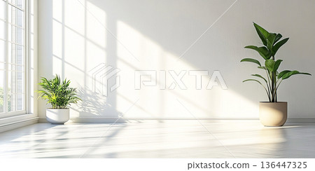 Modern minimalist interior design showcasing light filled room and plant decor. Header banner mockup with copy space. Modern minimalist interior design showcasing light filled room and plant decor. Header banner mockup with copy space. 136447325