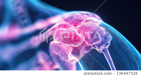 Highlighting shoulder joints with neon colors to emphasize human anatomy and joint pain. Header banner mockup with copy space. Highlighting shoulder joints with neon colors to emphasize human anatomy and joint pain. Header banner mockup with copy space. 136447326