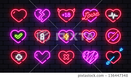 Neon vector set of heart icons on dark brick background, including love, heartbeat, broken heart, medical cross and arrows. Perfect for romantic themes, UI elements and nightlife designs. Neon vector set of heart icons on dark brick background, including love, heartbeat, broken heart, medical cross and arrows. Perfect for romantic themes, UI elements and nightlife designs. 136447348
