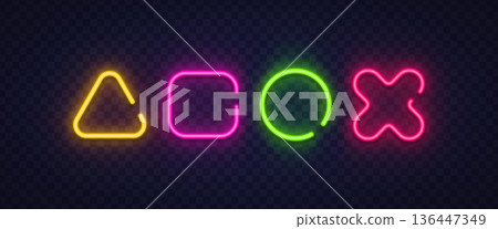 Glowing neon gaming symbols set including triangle, square, circle, and cross. Modern cyber design ideal for game interfaces, tech branding, or futuristic layouts. Glowing neon gaming symbols set including triangle, square, circle, and cross. Modern cyber design ideal for game interfaces, tech branding, or futuristic layouts. 136447349