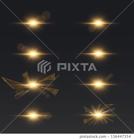 Golden light lens flare with shattered glass effect Golden light lens flare with shattered glass effect 136447354