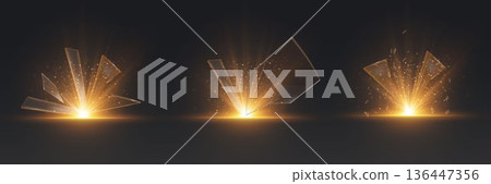 Shattered glass breaking with golden light explosion 136447356