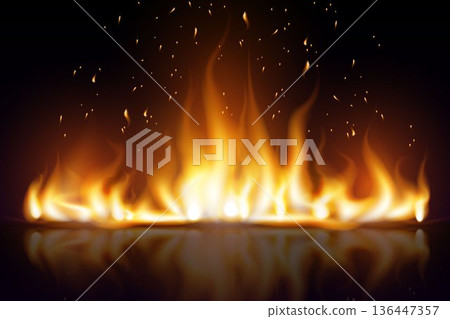 Burning fire flames creating heat with flying sparks Burning fire flames creating heat with flying sparks 136447357