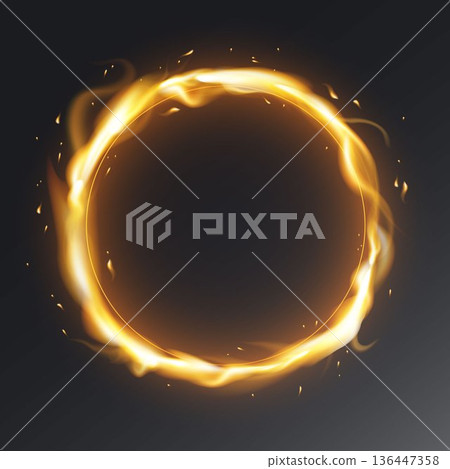 Fiery circle frame burning with orange yellow plasma 136447358