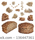 Set of whole-grain, rustic, freshly baked round loaves with chunks and crumbs. Watercolor illustration of warm neutral colors for food blogs, bakery websites, interior design, farm-to-table restaurant 136447361