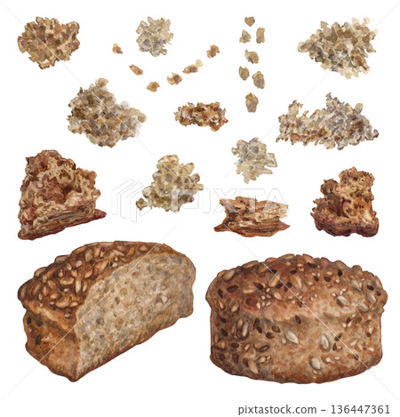 Set of whole-grain, rustic, freshly baked round loaves with chunks and crumbs. Watercolor illustration of warm neutral colors for food blogs, bakery websites, interior design, farm-to-table restaurant Set of whole-grain, rustic, freshly baked round loaves with chunks and crumbs. Watercolor illustration of warm neutral colors for food blogs, bakery websites, interior design, farm-to-table restaurant 136447361