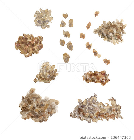 Set of whole grain, rustic, freshly baked breads with crumbs. Watercolor illustrations of bread in warm neutral tones for food blogs, bakery websites, and farm-to-table interior design. Set of whole grain, rustic, freshly baked breads with crumbs. Watercolor illustrations of bread in warm neutral tones for food blogs, bakery websites, and farm-to-table interior design. 136447363