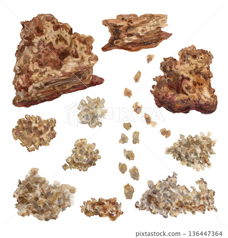 Set of whole grain, rustic, freshly baked breads with slices and crumbs. Watercolor illustrations of bread in warm neutral tones for food blogs, bakery websites, and farm-to-table interior design. 136447364
