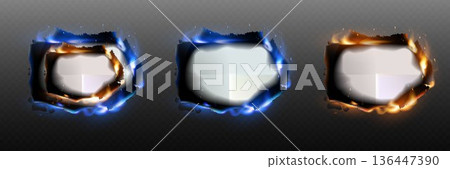 Burnt paper frames with smoldering embers and flames in various colors 136447390