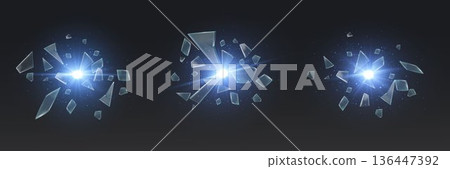 Broken glass shards flying with blue light explosion 136447392