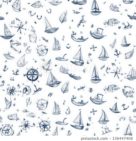 A nautical-themed doodle pattern with tiny sailboats, compasses, and anchor sketches, giving it a relaxed and free-spirited ocean adventure feel. A nautical-themed doodle pattern with tiny sailboats, compasses, and anchor sketches, giving it a relaxed and free-spirited ocean adventure feel. 136447408
