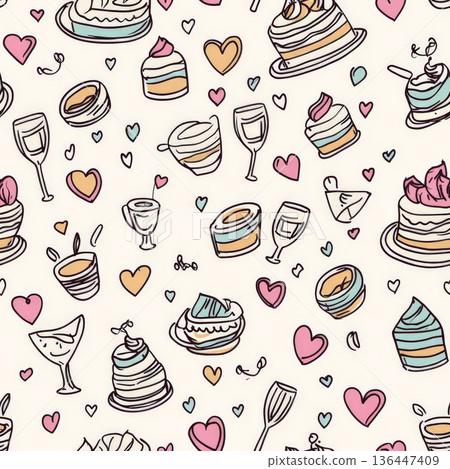 A wedding-themed doodle pattern with tiny rings, cakes, and champagne glasses, all sketched with casual, joyful lines to capture the spirit of love and celebration. A wedding-themed doodle pattern with tiny rings, cakes, and champagne glasses, all sketched with casual, joyful lines to capture the spirit of love and celebration. 136447409