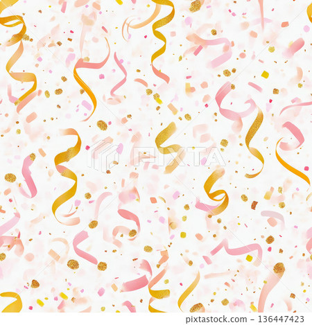 A celebratory confetti and streamer pattern with shimmering gold details A celebratory confetti and streamer pattern with shimmering gold details 136447423