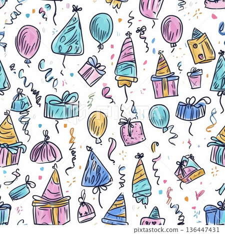 A seamless birthday doodle pattern with sketchy party hats, gift boxes, and floating balloons, drawn in a playful, wobbly style to enhance the festive joy. 136447431