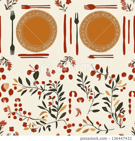 A family reunion dinner pattern with a warm and festive dining table setting 136447432