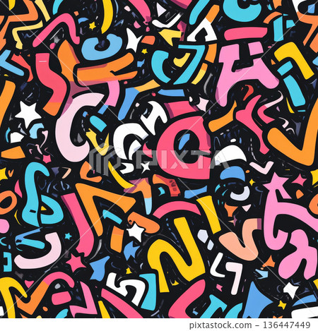 A graffiti-style doodle pattern featuring exaggerated, hand-drawn letters in bold, cartoonish fonts, mixed with tiny stars and swirls. A graffiti-style doodle pattern featuring exaggerated, hand-drawn letters in bold, cartoonish fonts, mixed with tiny stars and swirls. 136447449