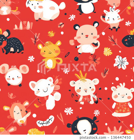 A cute cartoon zodiac pattern with playful animal characters celebrating Lunar New Year 136447450
