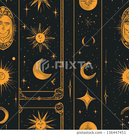 A magical tarot card pattern with hand-drawn mystic symbols, golden stars, and celestial moons. 136447451