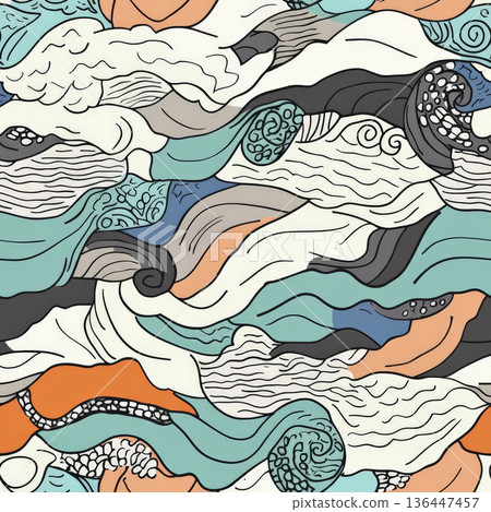 A seamless pattern of playful hand-drawn waves, swirls, and abstract ocean-inspired shapes 136447457