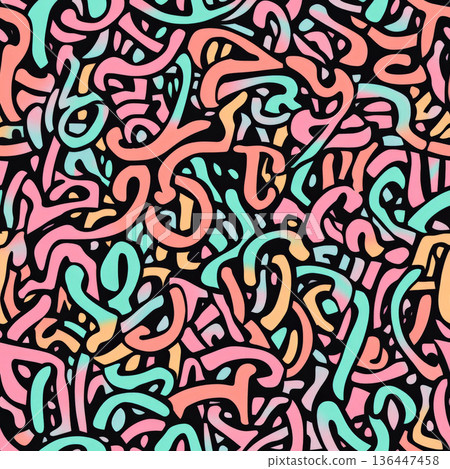 A seamless pattern of overlapping cursive words, written in a playful, freehand doodle style, forming an artistic and energetic background. 136447458