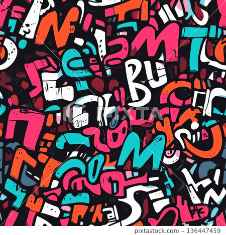 A doodle-style graffiti pattern with bold, exaggerated hand-drawn letters and symbols 136447459