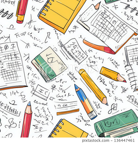 A school-themed doodle pattern with hand-drawn notebooks, pencils, and tiny doodled math equations, resembling the classic scribbles found in a students notebook. 136447461