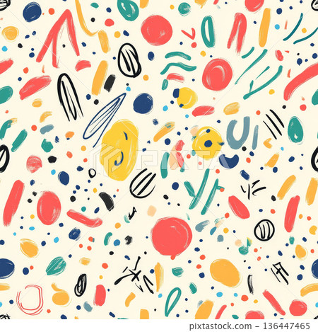 A doodle pattern filled with crayon-like scribbles, messy circles, and spontaneous shapes, resembling the joyful creativity of a child's drawing. The uneven strokes and random placements create a fun 136447465