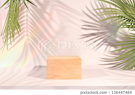 Empty birch podium for cosmetics displays atop an elegant, sunny, colorful banner against a backdrop of long palm leaf shadows. The perfect template for your creative work, summer party concept 136447469