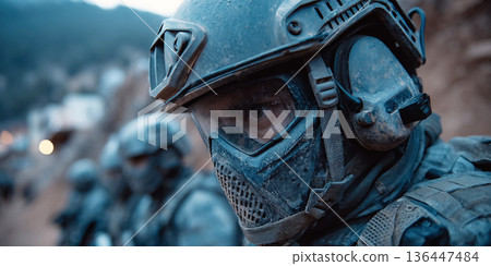 Special forces soldiers conduct tactical training in challenging terrain during dusk 136447484