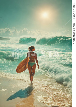 Muscular woman surfer walks along beach towards sea under sun rays with powerful waves 136447486